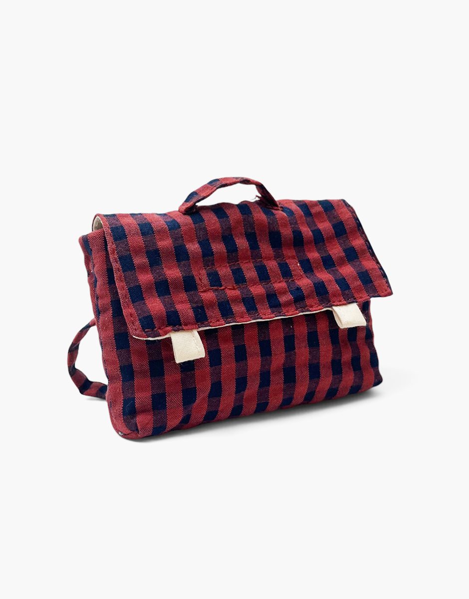 Cartable vintage Swan pour poupée en coton Vichy marine / brique