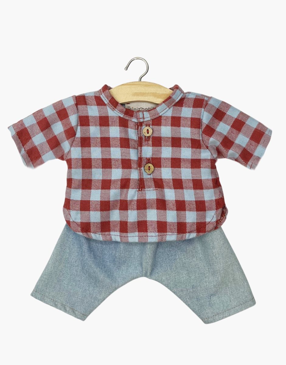 Ensemble Marien en Vichy flanelle fauve / givre brique et jean bleu clair