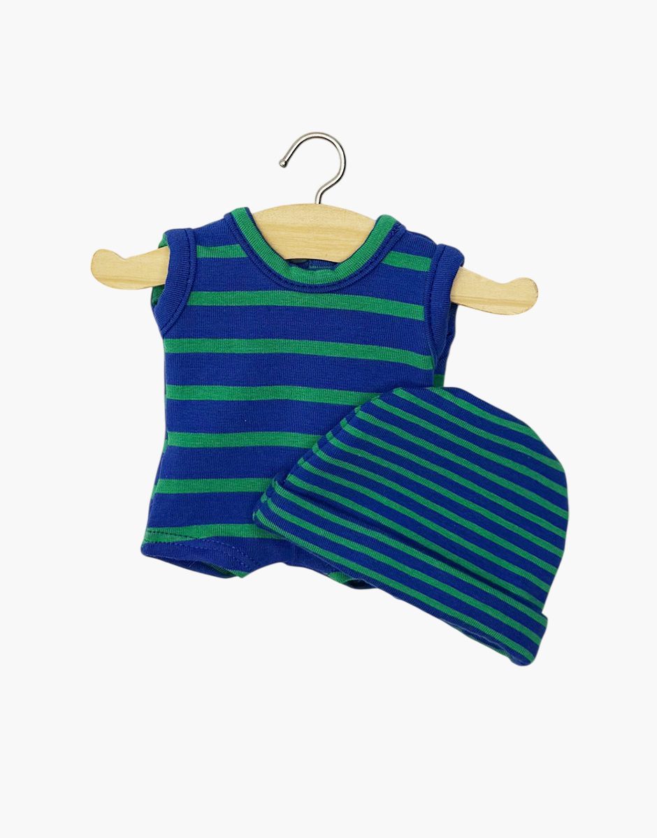 Mini Panchas - Body Marcel rayé bleu / vert et son bonnet