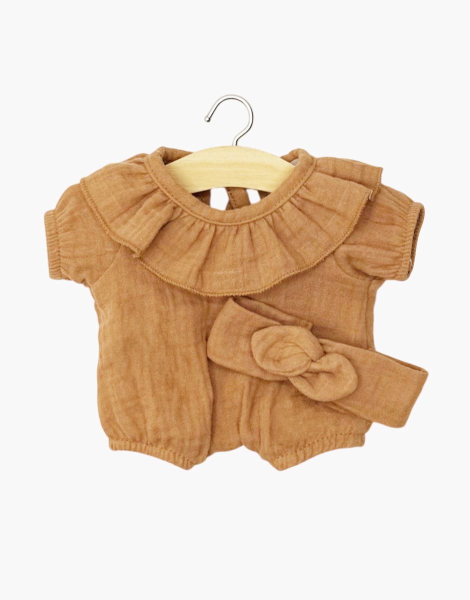 Babies - Barboteuse à collerette Eva et son headband en gaze de coton caramel