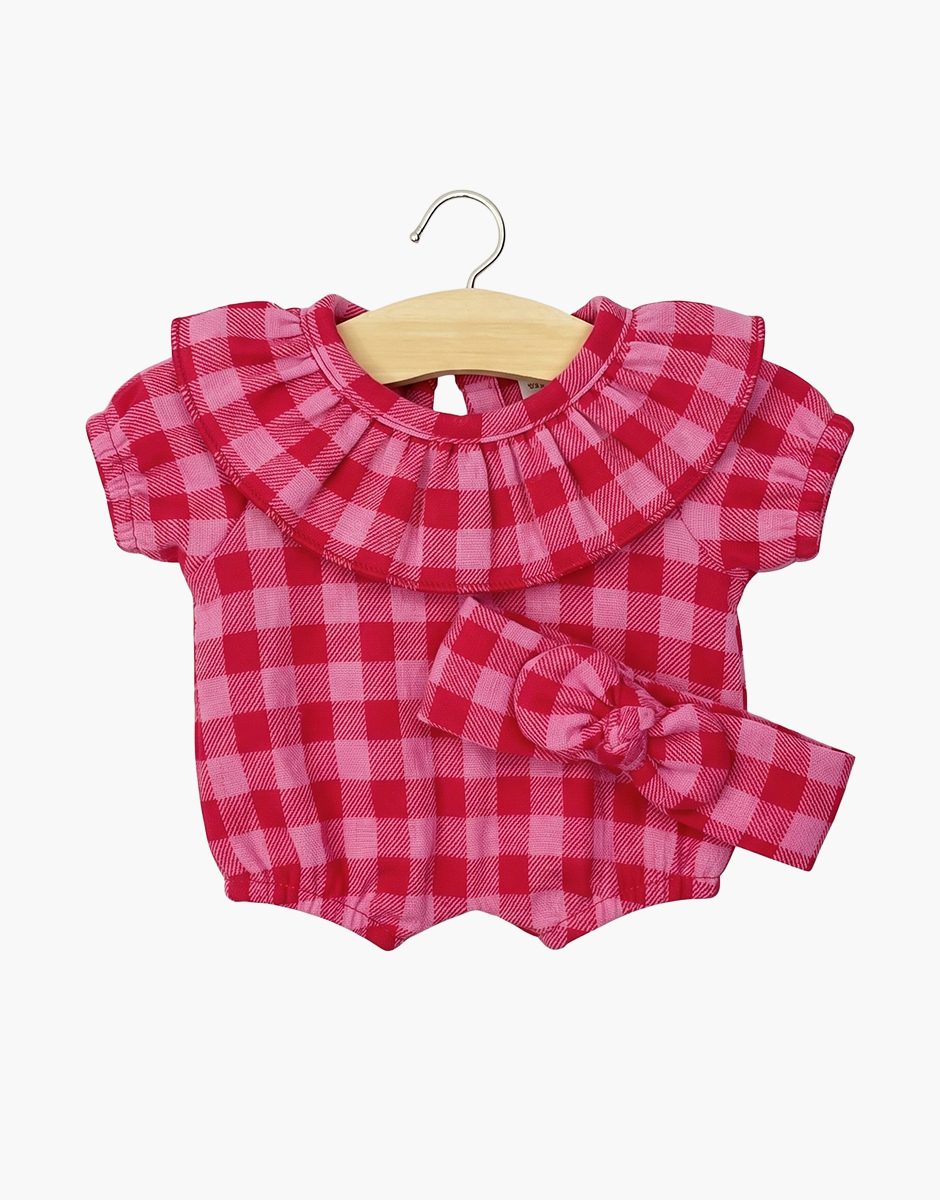 Babies - Barboteuse à collerette Eva et son headband en flanelle Vichy cerise