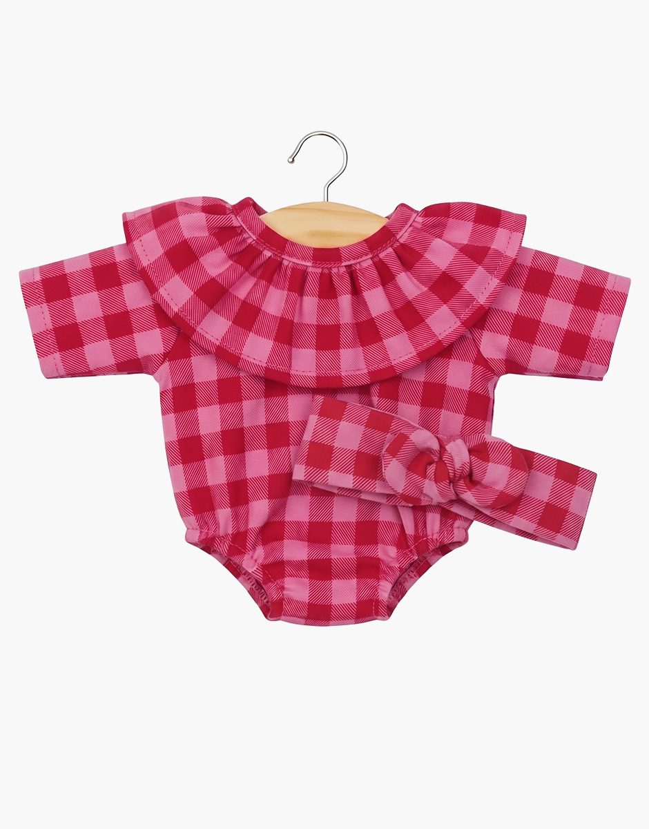Barboteuse à collerette Colette en flanelle Vichy cerise et son headband