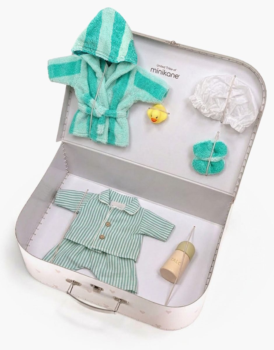 Ma Valise d'antan "Le Quotidien" rayures menthe pour poupons Gordis