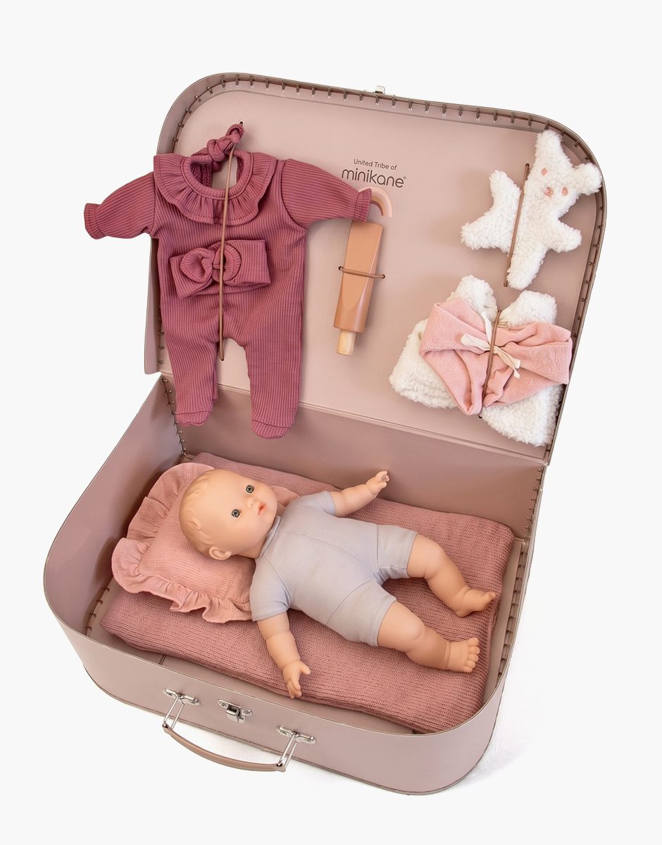 Ma Valise d’antan “Kit de Naissance” Rose avec sa poupée Babies Clarisse