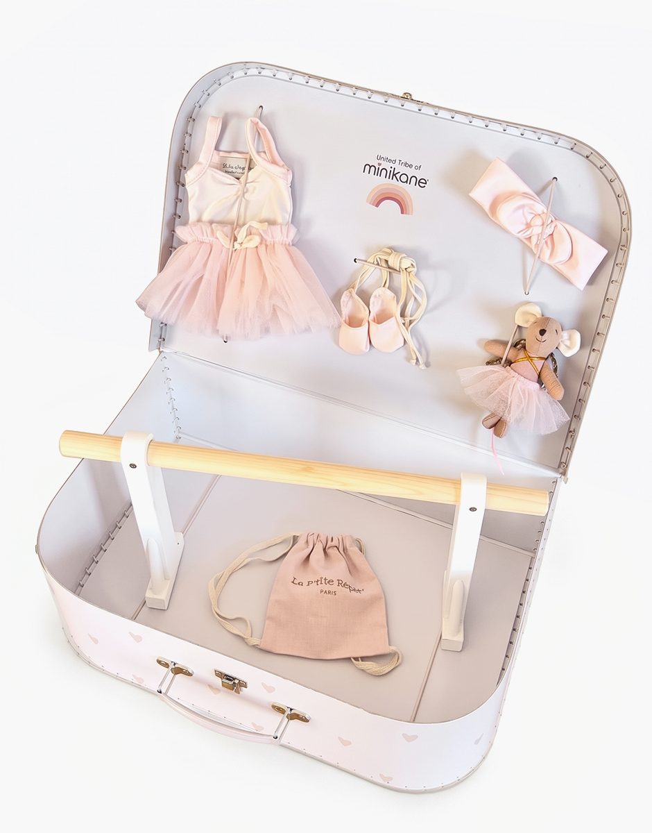 Ma Valise d'antan de Danseuse "Petite Étoile" rose avec barre de danse pour poupées Gordis