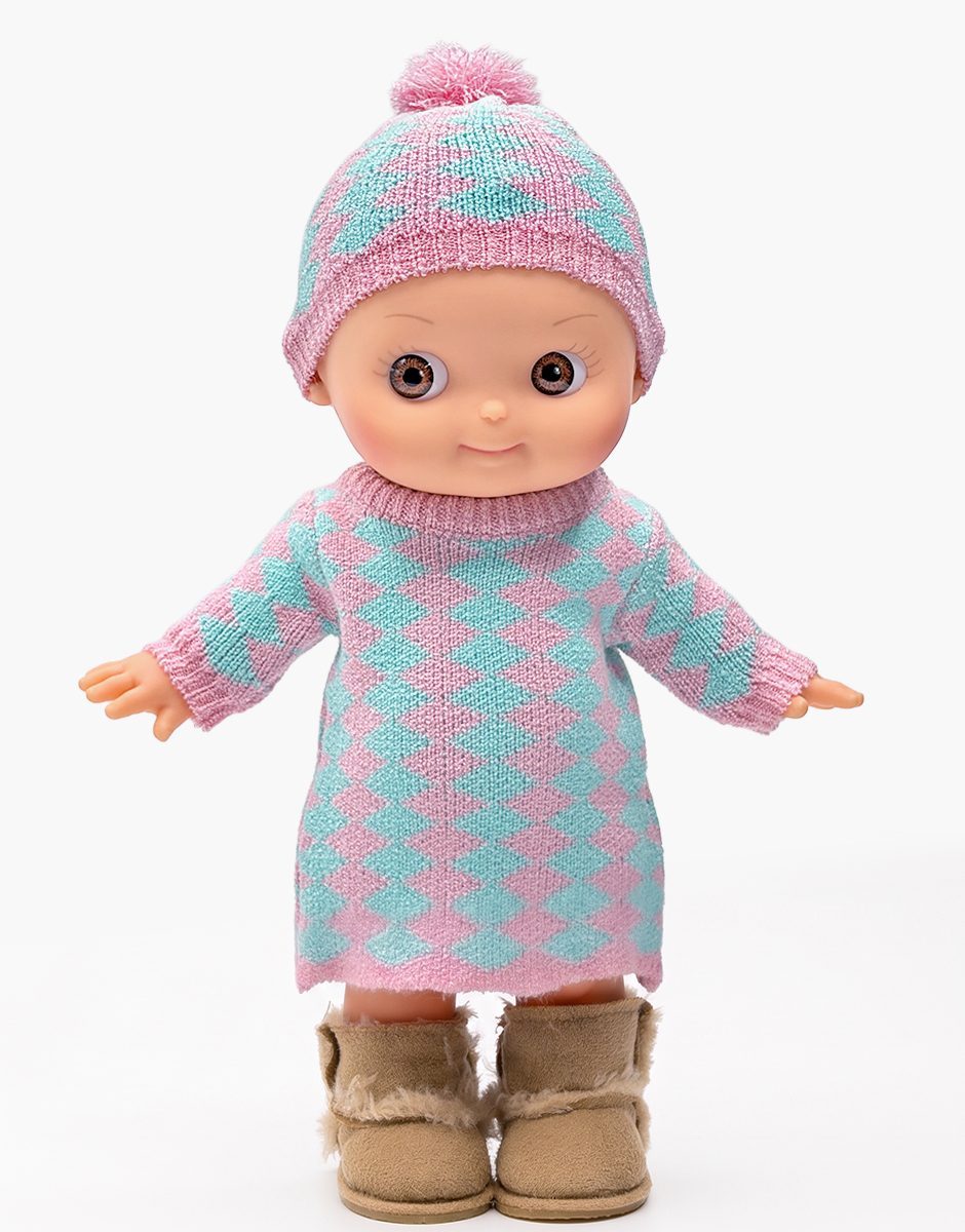 Ninon en hiver et son ensemble en tricot losanges rose / menthe