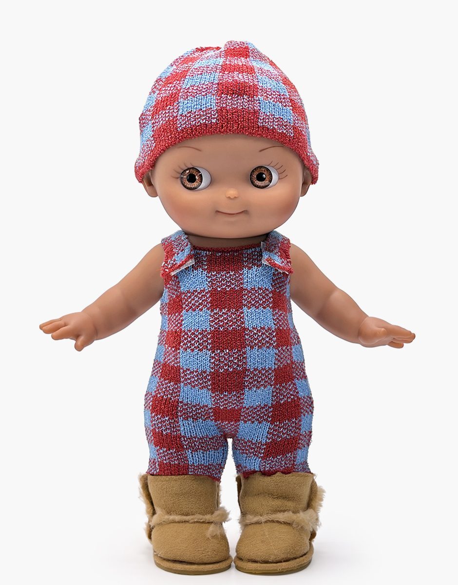 Noah en hiver et son ensemble en tricot Vichy bleu givre