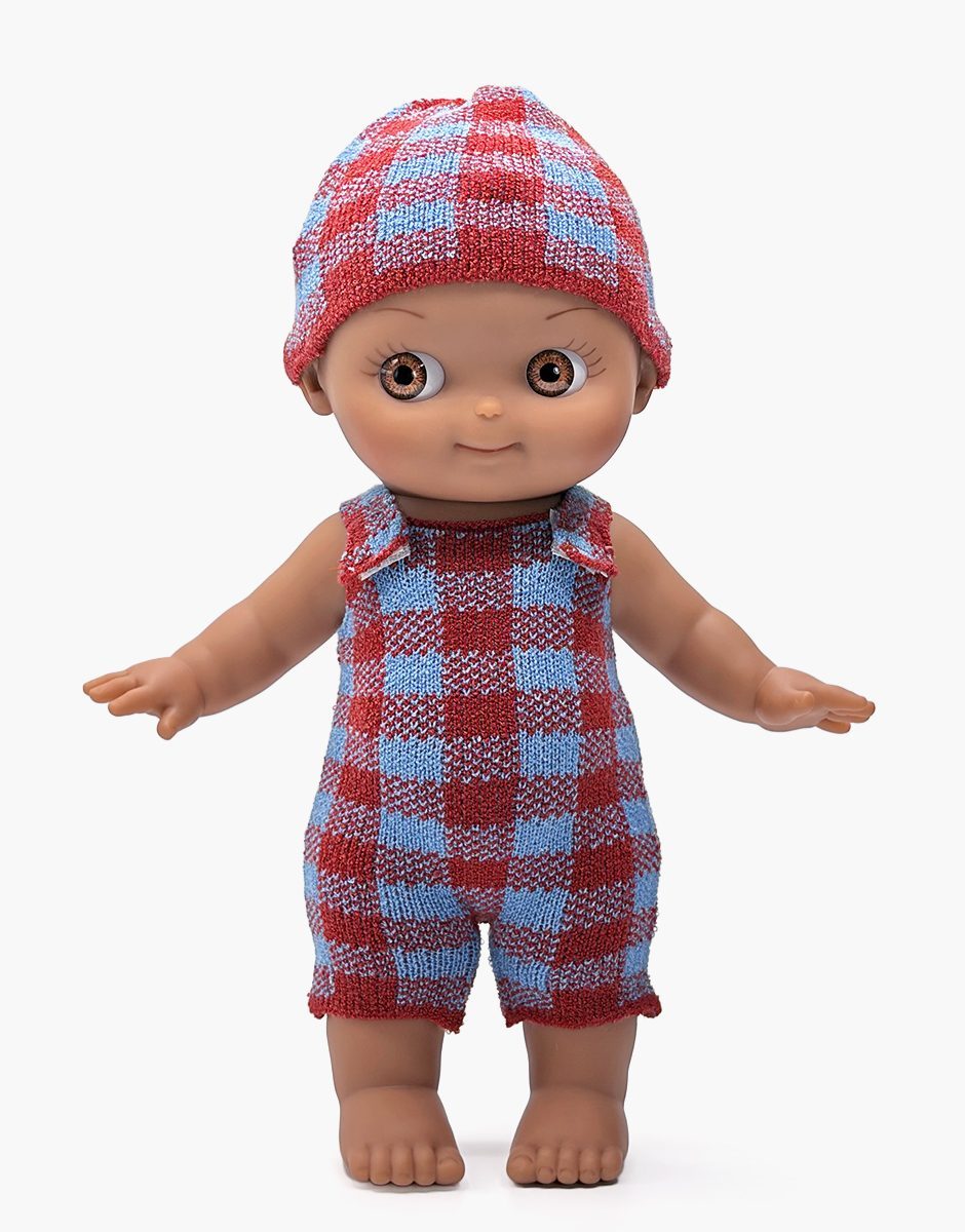 Noah en hiver et son ensemble en tricot Vichy bleu givre