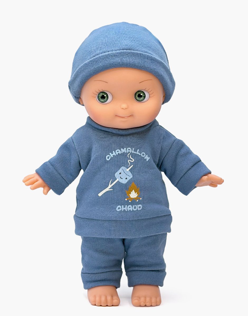 Zébulon au ski et sa tenue "Chamallow" bleu denim