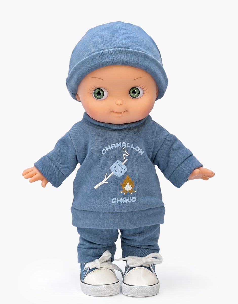 Zébulon au ski et sa tenue "Chamallow" bleu denim