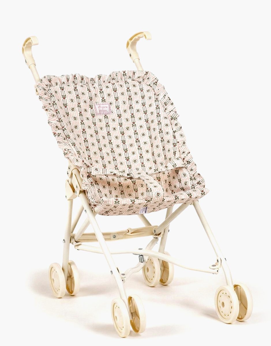 Minikane x Éditions Aimable - Poussette poupée à volants en coton Pommette sur châssis crème